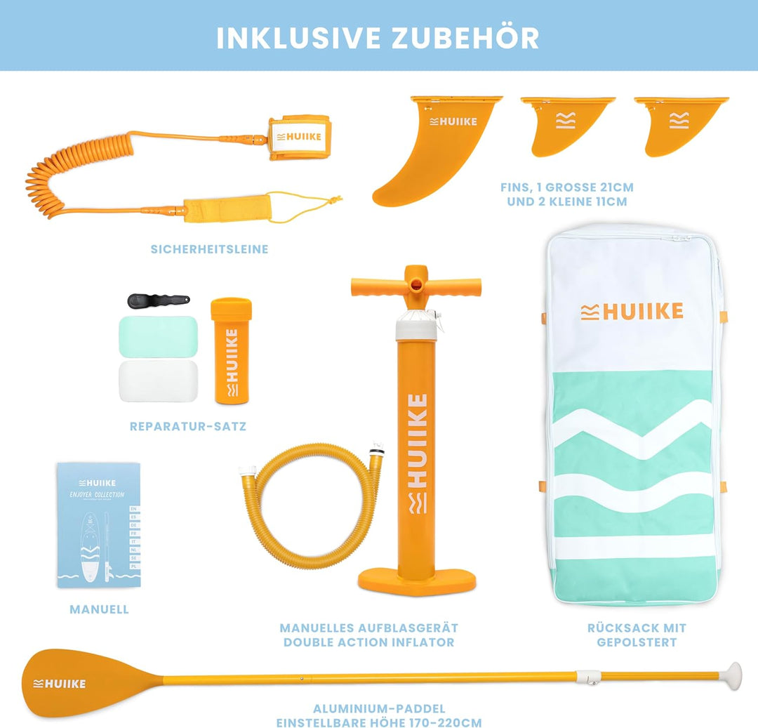 HUIIKE Stand Up Paddling Board mit Zubehör, Paddel, Finnen, Leash, Pumpe, Rucksack. SUP-Board Aufbla