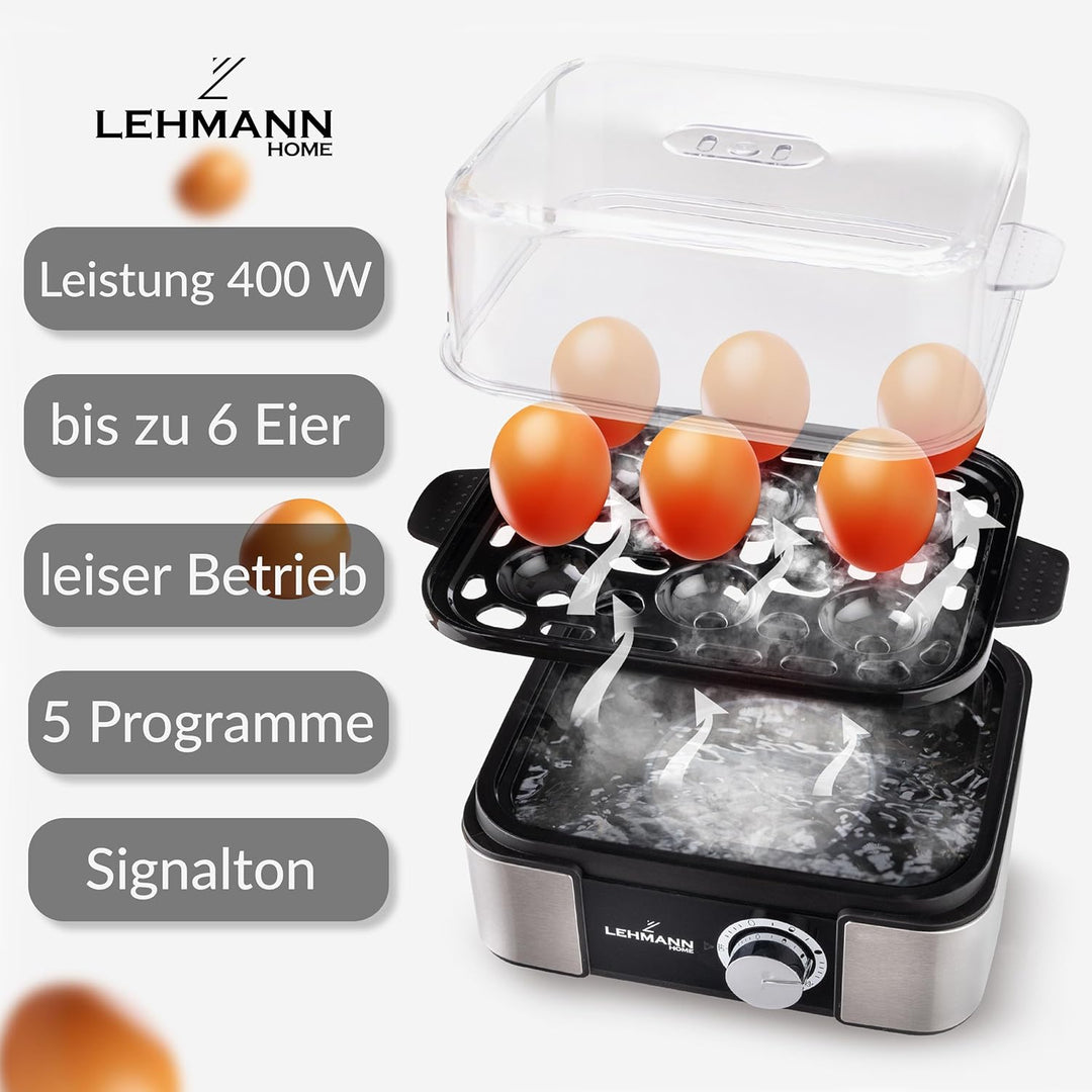 LEHMANN Eierkocher Edelstahl bis zu 6 Eier - Egg Cooker mit Härtegradeinstellung und Signalton - Per