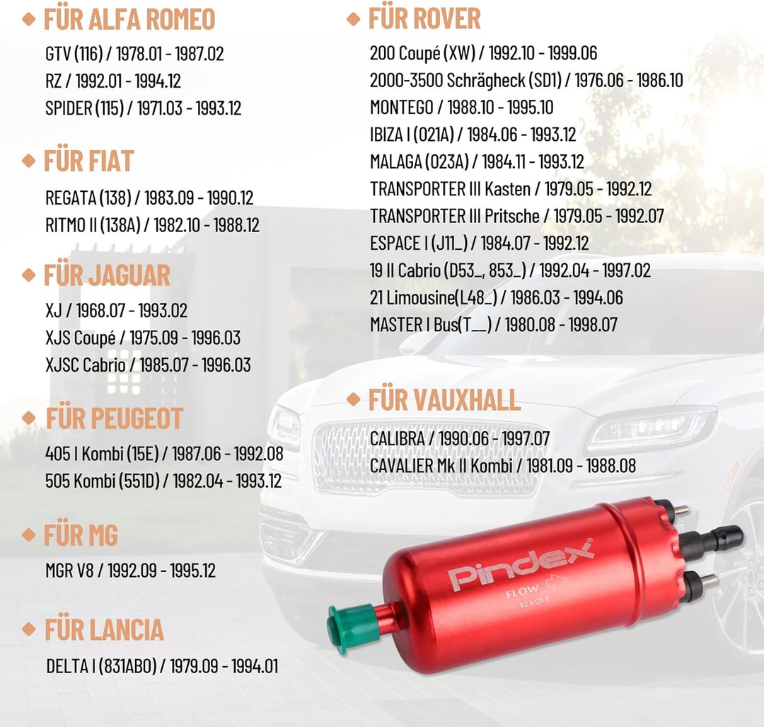 Pindex Elektrische Kraftstoffpumpe 12V 0580464070, elektr. Hochdruckkraftstoffpumpe 8.5Bar mit Dämpf