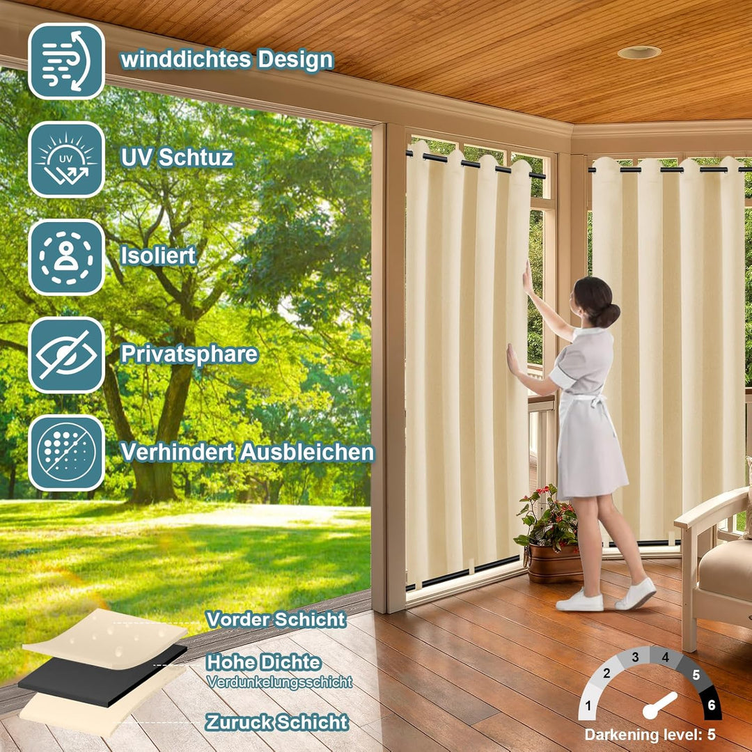 Rosnek 2 Stück Outdoor Vorhang Wetterfest Unten Gewichtet, Outdoorvorhänge mit Ösen 213x132cm Outdoo