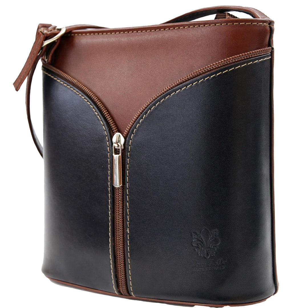 modamoda de - D19 - ital Kleine Umhängetasche aus Leder Braun/Dunkelblau, Braun/Dunkelblau