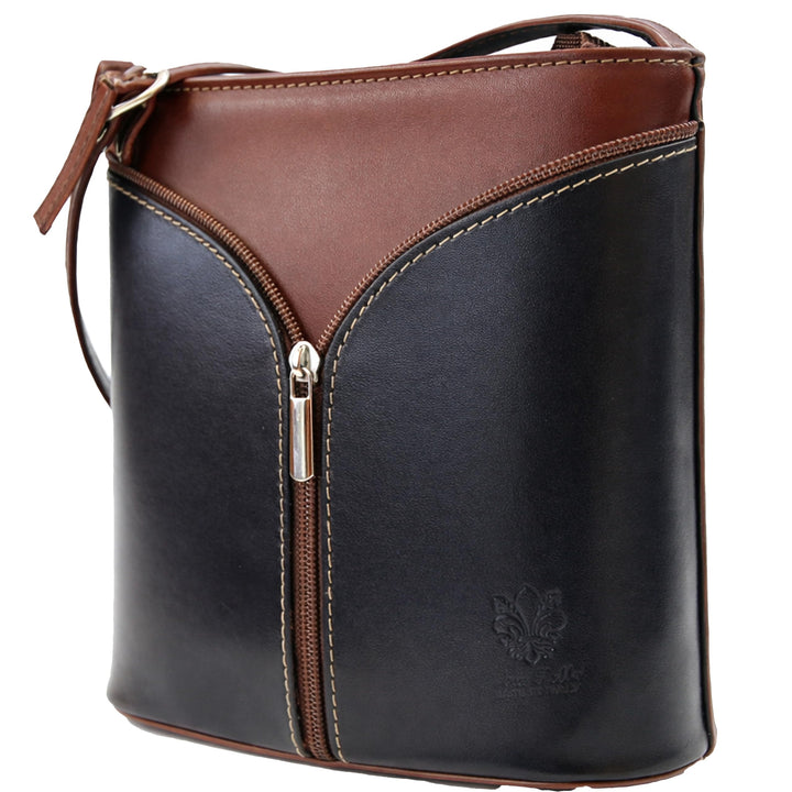 modamoda de - D19 - ital Kleine Umhängetasche aus Leder Braun/Dunkelblau, Braun/Dunkelblau