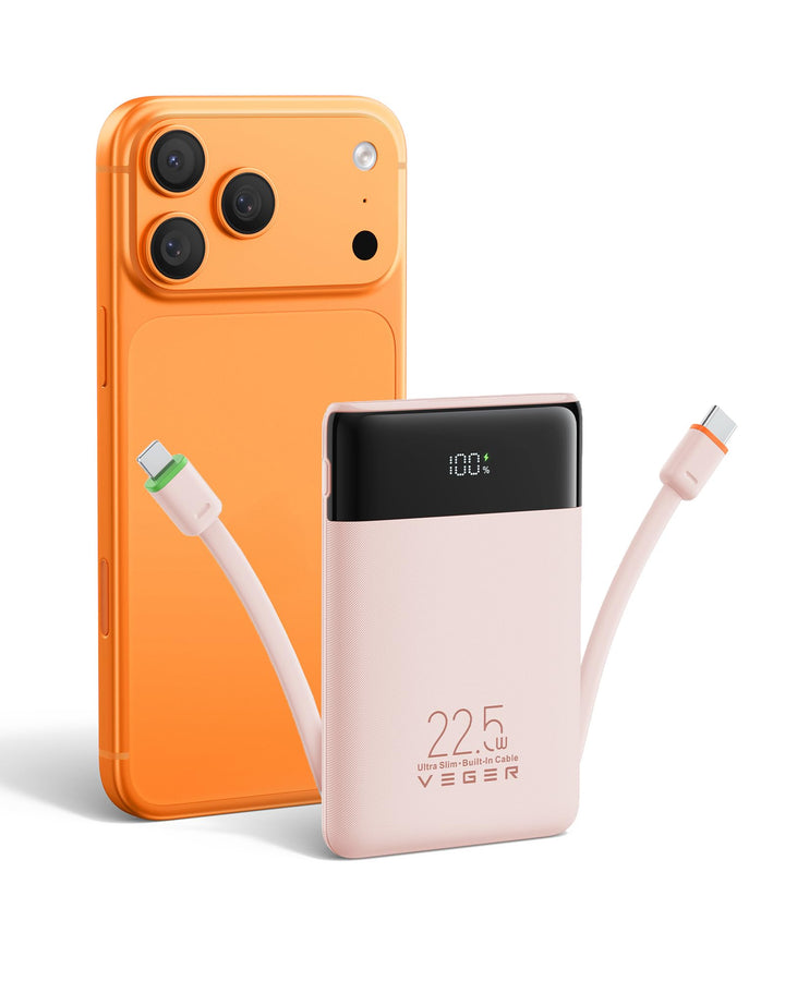 VEGER Power Bank 10000mAh Klein, 22.5W Schnellladung PowerBank mit Integriertem USB-C Kabel, Externe