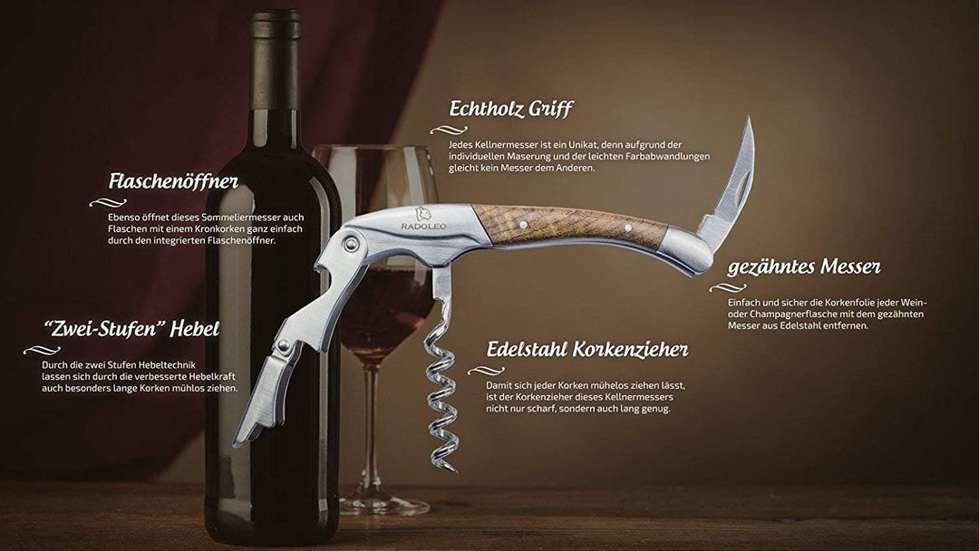 Kellnermesser - Premium Korkenzieher | Profi Sommeliermesser (Weinöffner) hochwertige Edelstahl & Ho