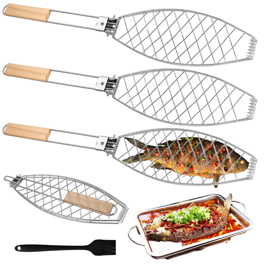 Fisch Grillhalter mit Holzgriff 3er, 63x12cm Grosse Fischbräter Fischgriller mit Griff aus Metall, G