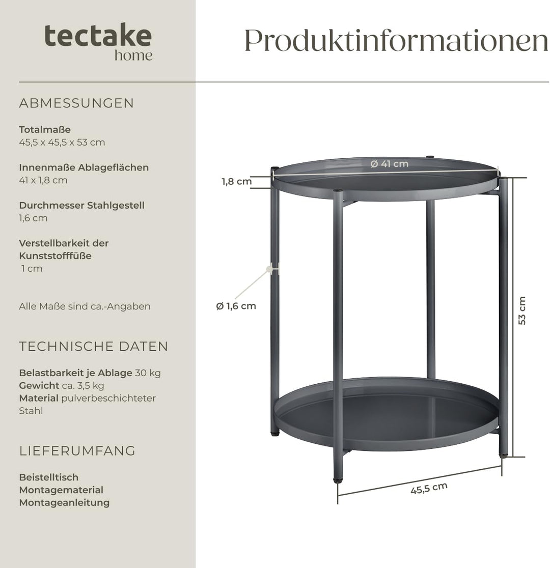tectake 800913 Beistelltisch rund aus Metall, abnehmbare Tabletts, Couchtisch mit Zwei Ebenen, rusti