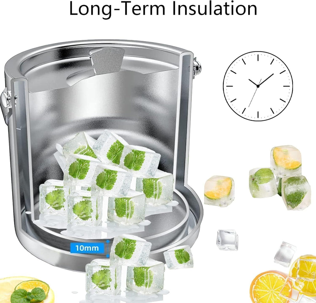1.3L Eiswürfelbehälter mit Deckel und Zange Doppelwandig Eiswürfelkühler Edelstahl Eiseimer Sektkühl