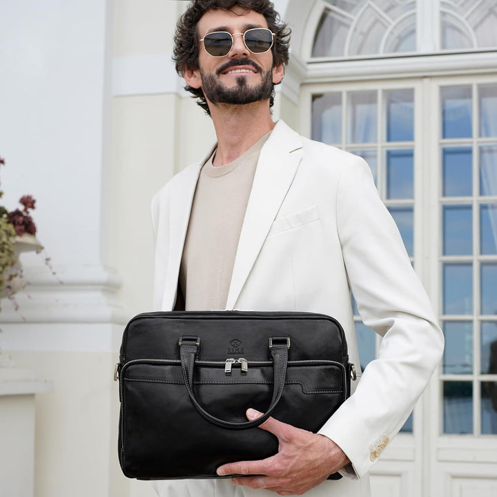 Time Resistance Aktentasche Leder Laptoptasche mit Schultergurt - Handgefertigt in Italien - Arbeits
