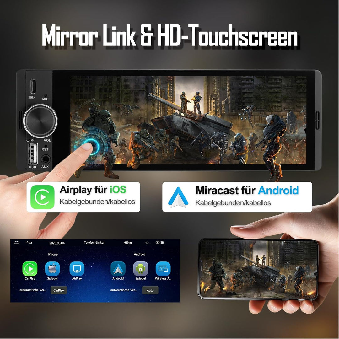 1 DIN Autoradio mit Wireless CarPlay &amp; Android Auto, 6,36 Zoll Auto Radio mit Bildschirm, Rückfahrka