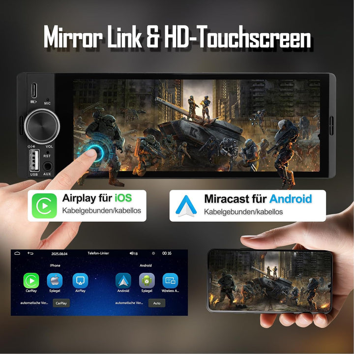 1 DIN Autoradio mit Wireless CarPlay &amp; Android Auto, 6,36 Zoll Auto Radio mit Bildschirm, Rückfahrka