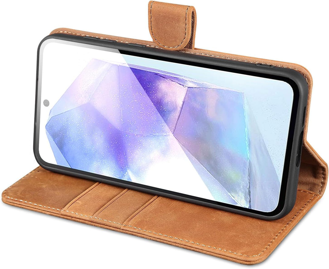 LENSUN Echtleder Hülle für Samsung Galaxy A55, Handyhülle [Echtes Leder][Kartenfach][RFID Schutz] Ha