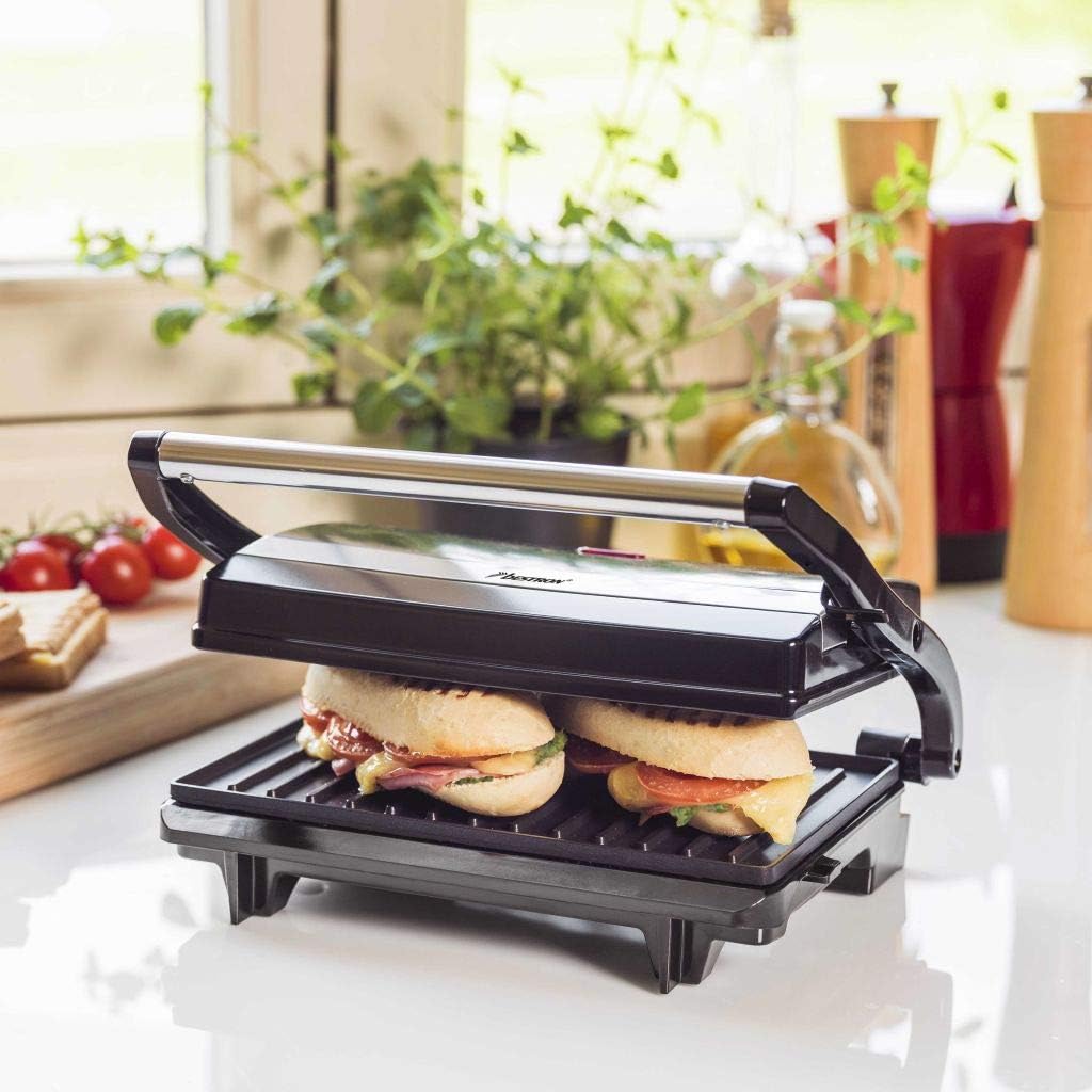 Bestron elektrischer Kontaktgrill mit Auffangschale, Sandwichmaker mit Cool-Touch-Handgriff, Paninim