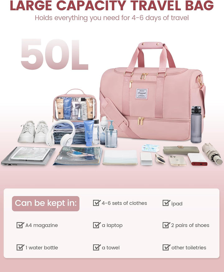 LOVEVOOK Reisetasche Sporttasche 50L, Kliniktasche Geburt Gross Weekender Damen mit Kulturtasche, Sc