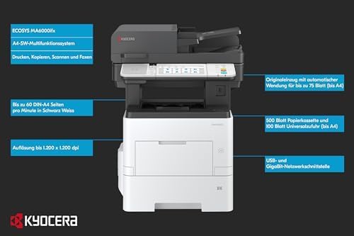 Kyocera Ecosys MA6000ifx Multifunktionsdrucker Schwarz Weiss, 60 Seiten pro Minute. Drucker Scanner