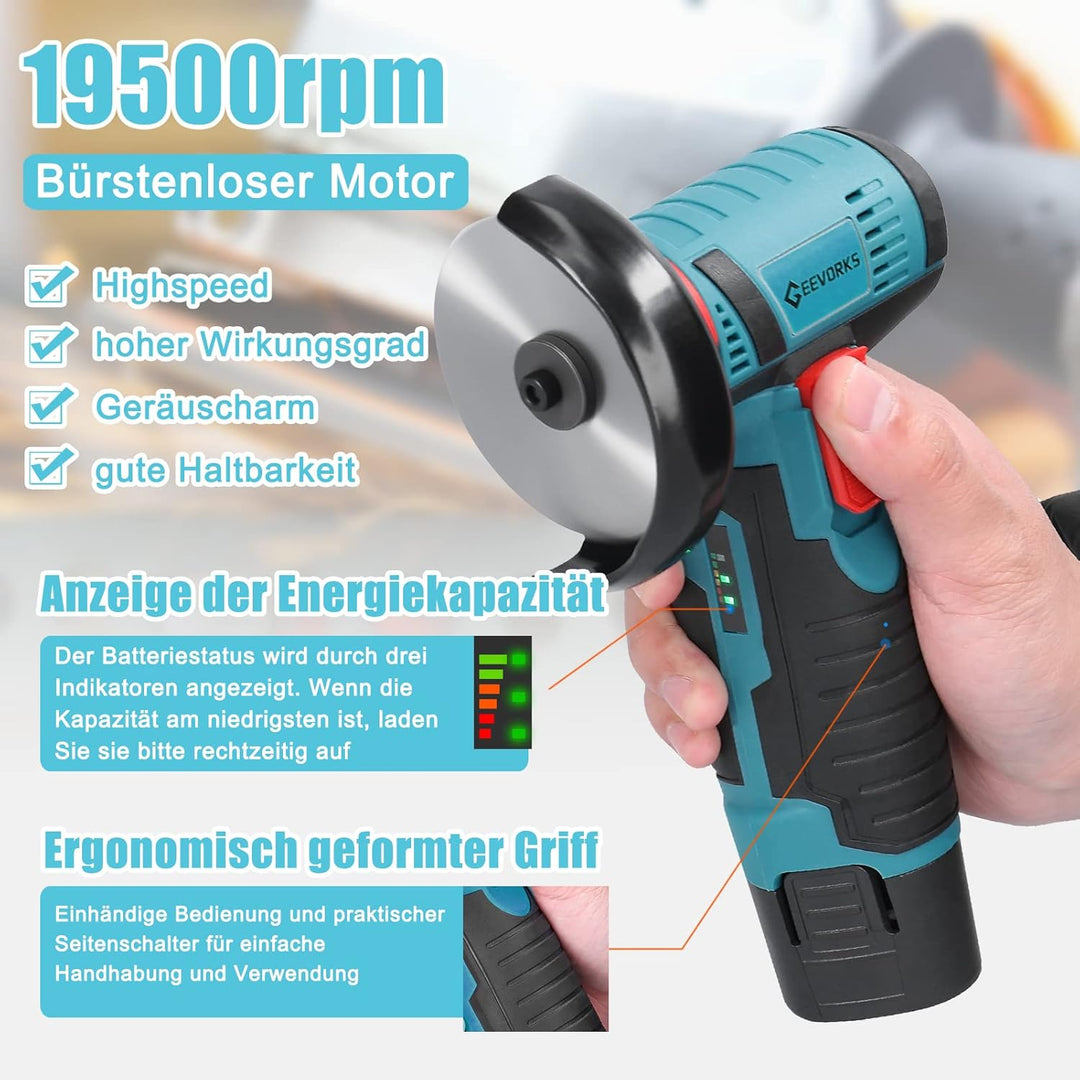 Mini Winkelschleifer,12V Akku Mini Flex 19500 rpm,Mit 2 * 2000 mAh Akku 6 Trennscheiben (76mm Durchm