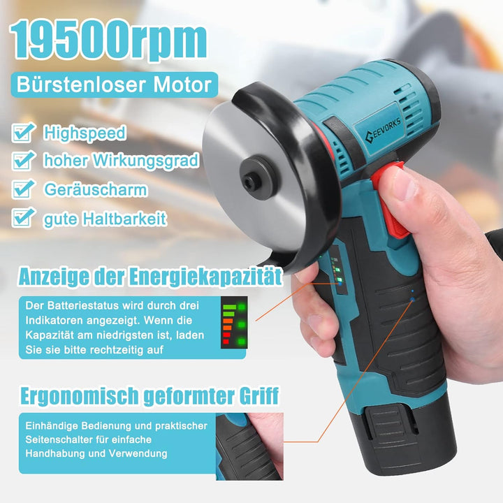 Mini Winkelschleifer,12V Akku Mini Flex 19500 rpm,Mit 2 * 2000 mAh Akku 6 Trennscheiben (76mm Durchm