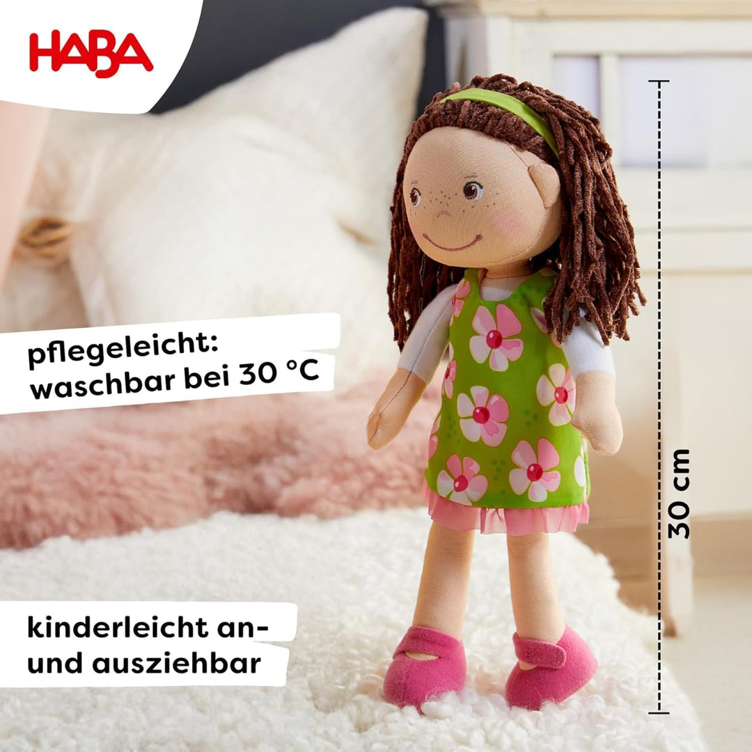 HABA 303666 - Puppe Coco , Stoffpuppe zum Spielen und Kuscheln , Puppe aus weichen, waschbaren Mater
