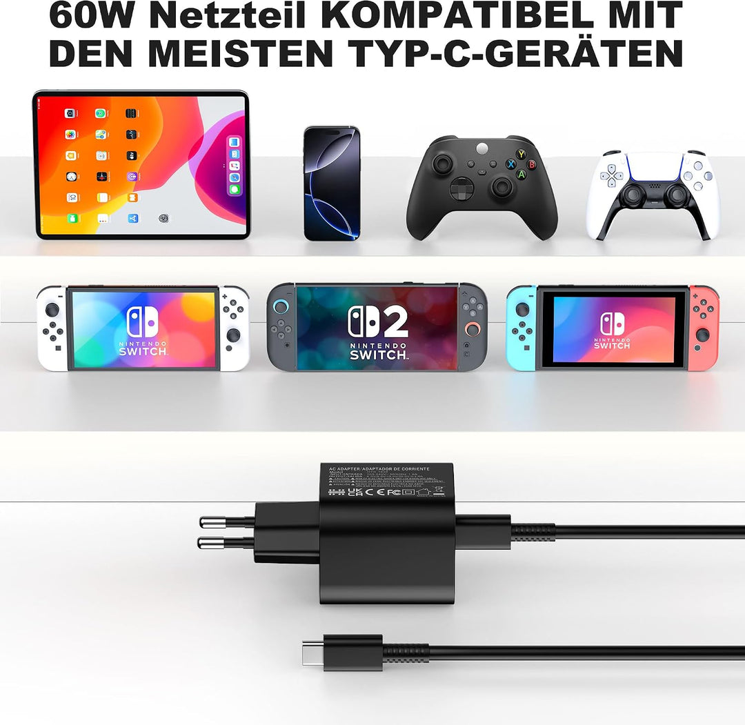 HASACOOL 60W Switch 2 Netzteil mit 1.5M USB C Switch Ladekabel Kompatibel mit OLED/Lite/Deck Dock/iP