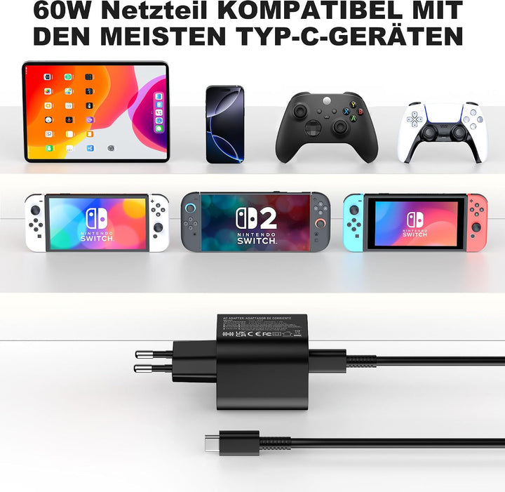 HASACOOL 60W Switch 2 Netzteil mit 1.5M USB C Switch Ladekabel Kompatibel mit OLED/Lite/Deck Dock/iP