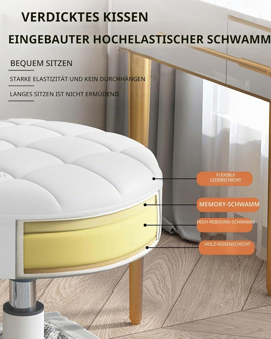 Kleiner Stuhl, runder Drehhocker mit Rollen, Sitzhöhe 35–45 cm, 360° drehbar, PU-Leder, höhenverstel