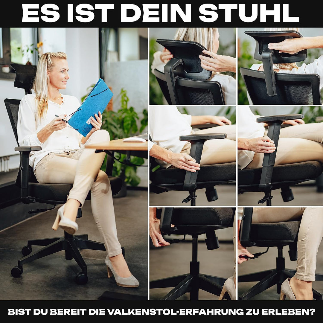 VALKENSTOL M3 Ergonomischer Bürostuhl 150 kg – [Höhenverstellbare Lordosenstütze] Schreibtischstuhl