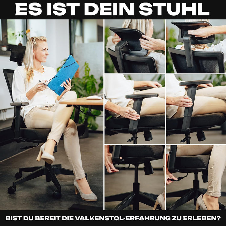 VALKENSTOL M3 Ergonomischer Bürostuhl 150 kg – [Höhenverstellbare Lordosenstütze] Schreibtischstuhl