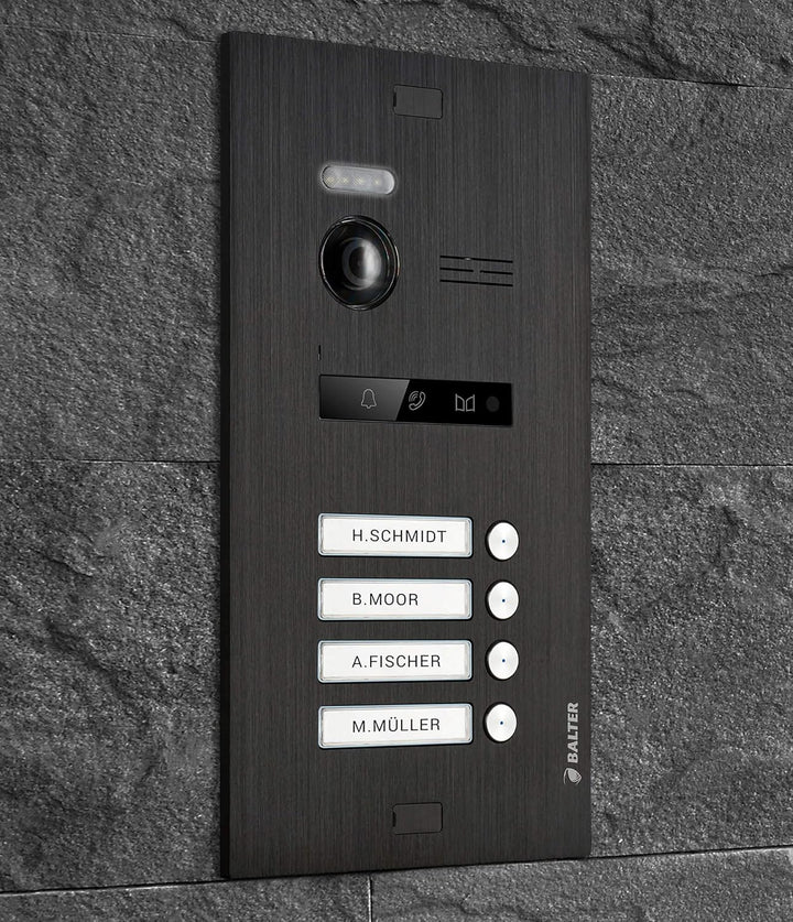 Balter EVO Video Türsprechanlage ? Türstation für 4 Familienhaus Türklingel Schwarz ? 150° Weitwinke