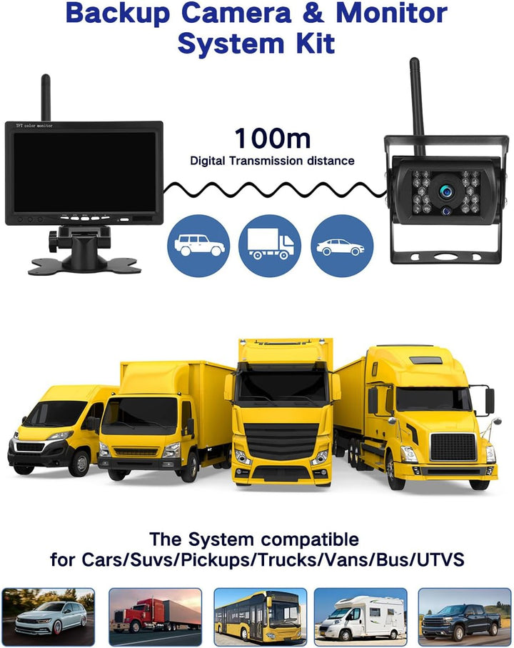 Rückfahrkamera Kabellos Set mit 7" HD Rear View Monitor, IP68 wasserdichte Auto Rückfahrkamera Funk,