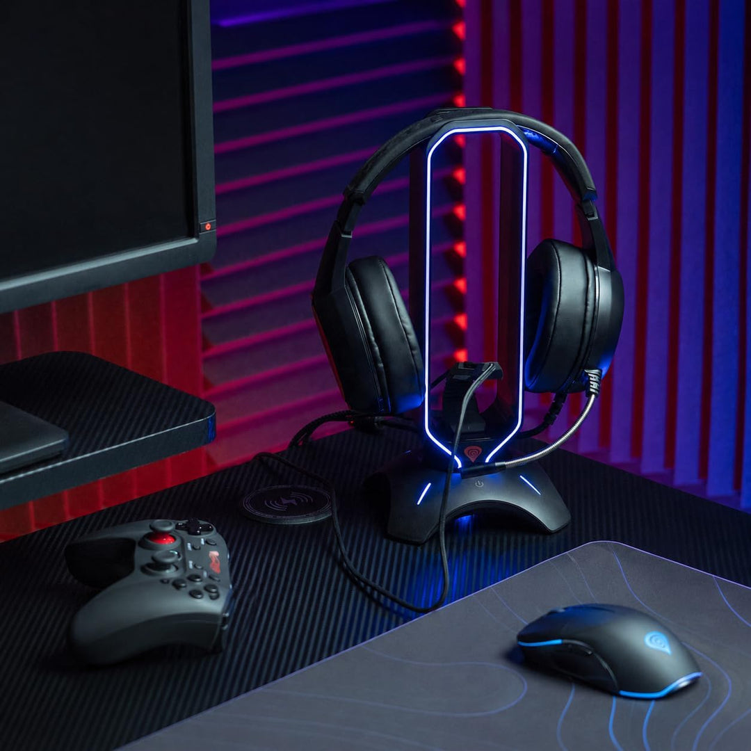 Genesis RGB Kopfhörerständer mit Mouse Bungee und USB Hub, Gaming Headset Halter mit 2X USB 2.0, Kab