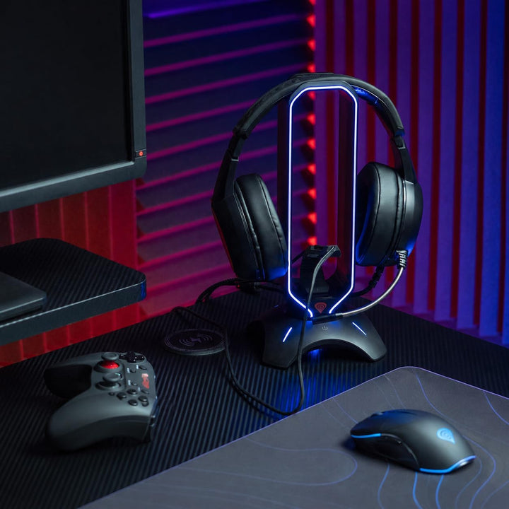 Genesis RGB Kopfhörerständer mit Mouse Bungee und USB Hub, Gaming Headset Halter mit 2X USB 2.0, Kab