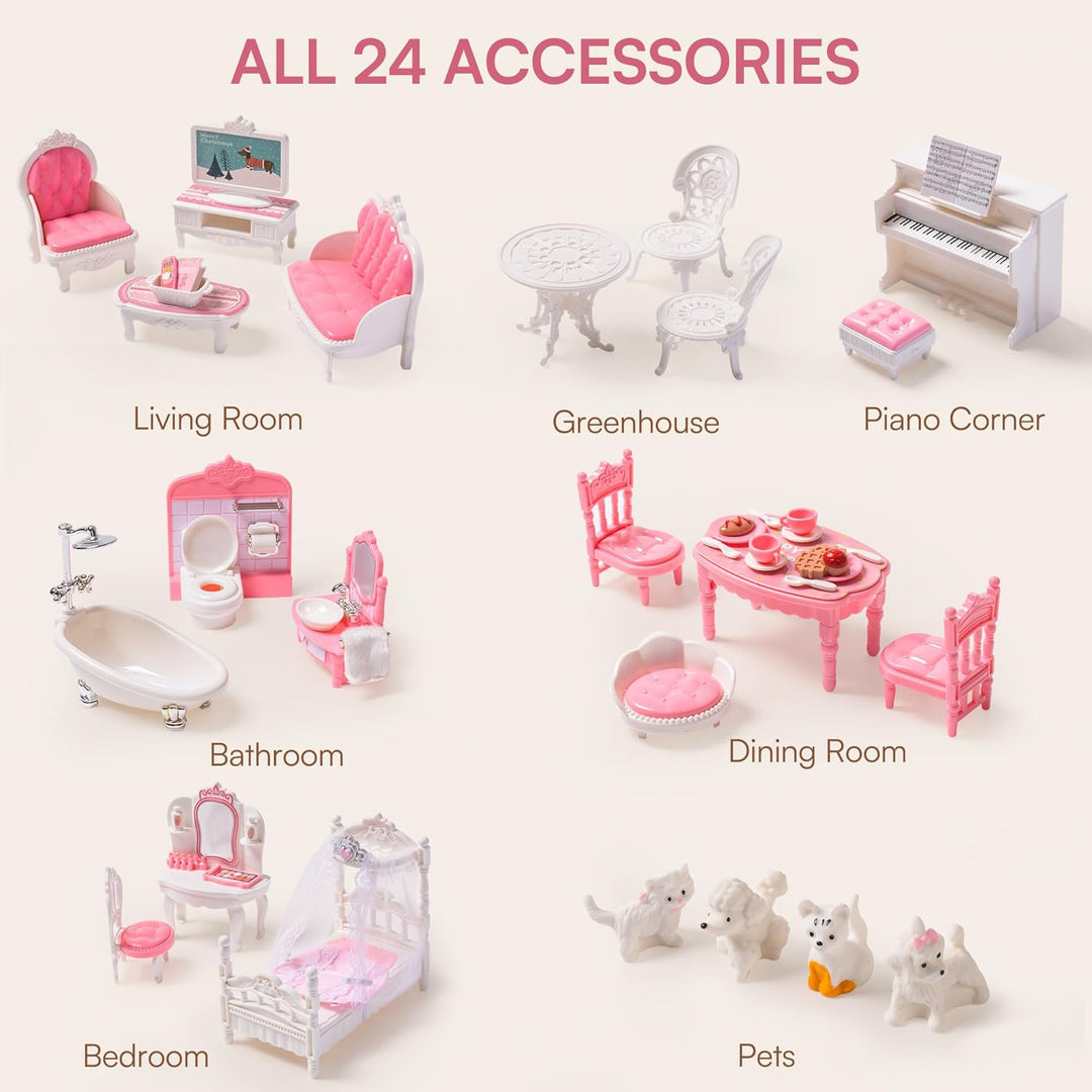 ROBUD hölzernes Puppenhaus Spielset, 3 Geschichten, 5 Zimmer, 24 PCS Möbel, vorgeben Spiel Spielzeug