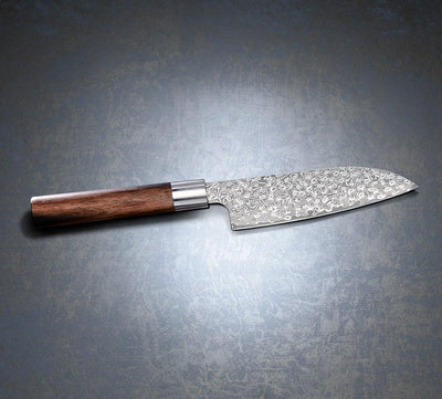 TokioKitchenWare Damastmesser: Handgefertigtes Marken-Damast-Santokumesser mit 16-cm-Klinge (Santoku