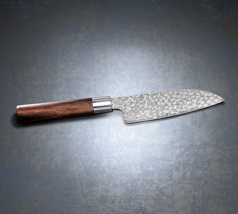 TokioKitchenWare Damastmesser: Handgefertigtes Marken-Damast-Santokumesser mit 16-cm-Klinge (Santoku