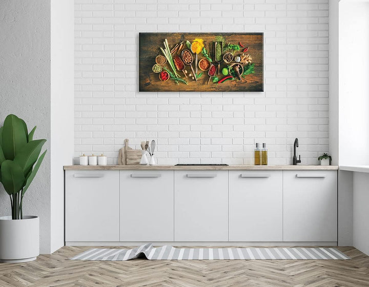 XXL Wandbild 115x55cm Leinwand Kräuter Gewürze Löffel Küche Deko Leinwandbild Wanddeko Küchendeko Kü