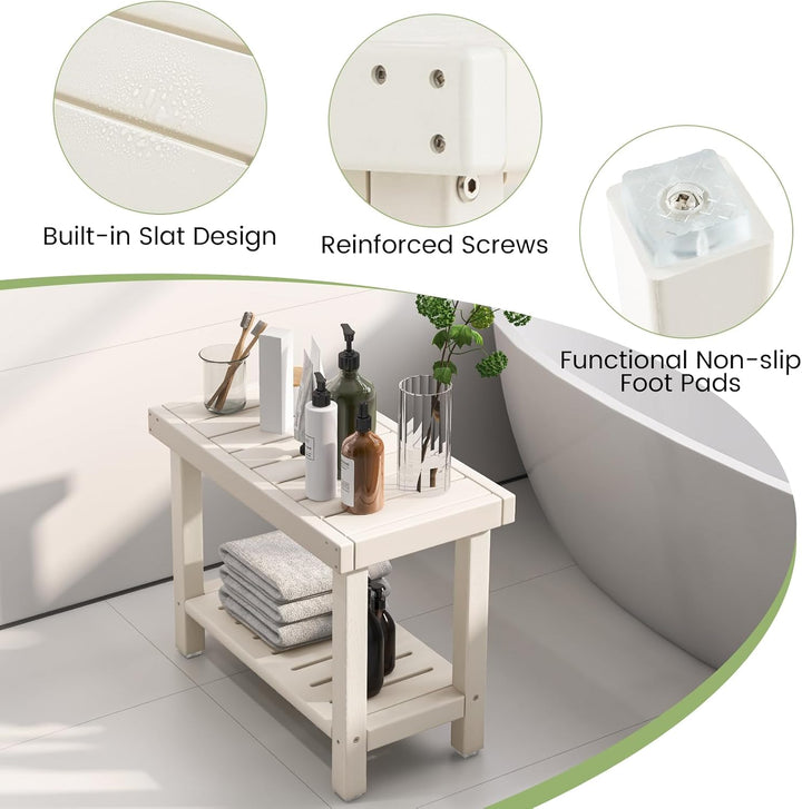 FANTASK Duschhocker, 61 x 31 x 49 cm, wasserdichter Duschstuhl mit Ablage, Sitzbank Bad bis 150 kg,