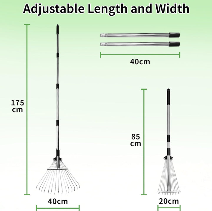 Laubrechen mit stiel 175cm - Laubbesen Mit ausziehbarem Kopf (20-40cm) Ideal für grosse Rasenflächen