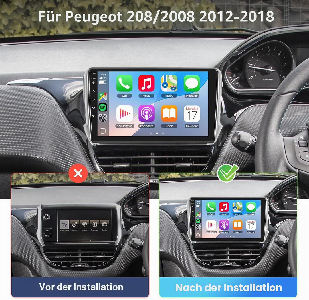 Podofo Autoradio für Peugeot 208/2008 2012-2018 mit Wireless Carplay Android Auto, 10.1 Zoll IPS Tou