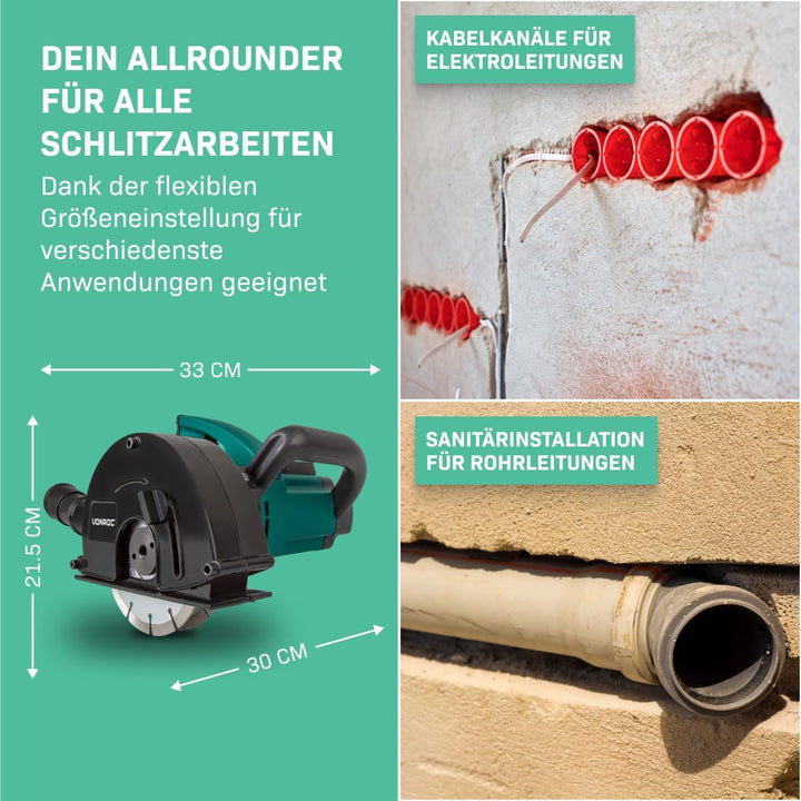VONROC Mauernutfräse Schlitzfräse mit Absaughaube - Mauerfräse 1700W - Schlitzmaschine für 150mm Kab