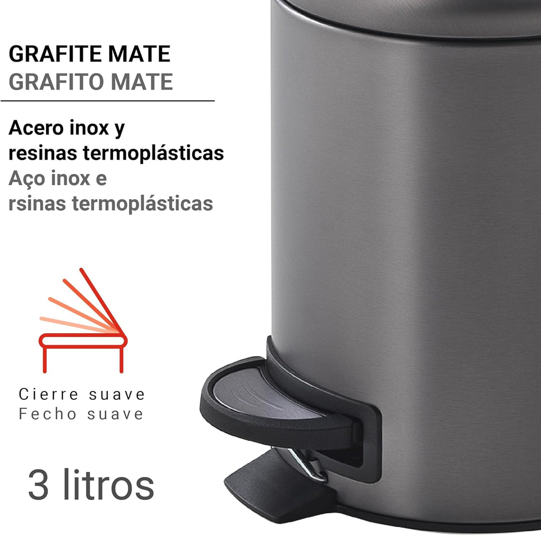 Gedy POTTY Abfalleimer für Badezimmer, rund, 3 l, mit Pedal und Softclose-Deckel, Edelstahl, Gun Met
