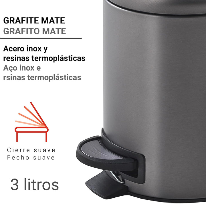 Gedy POTTY Abfalleimer für Badezimmer, rund, 3 l, mit Pedal und Softclose-Deckel, Edelstahl, Gun Met