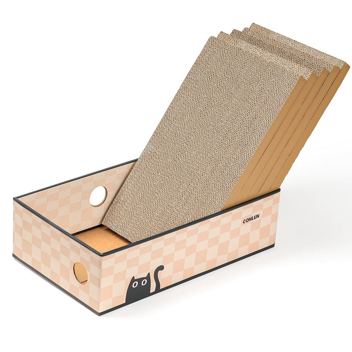 Conlun 5er-Pack Kratzbrett Katze mit Box, Grosses Beidseitiges Design, Interaktive Öffnungen, Sauber