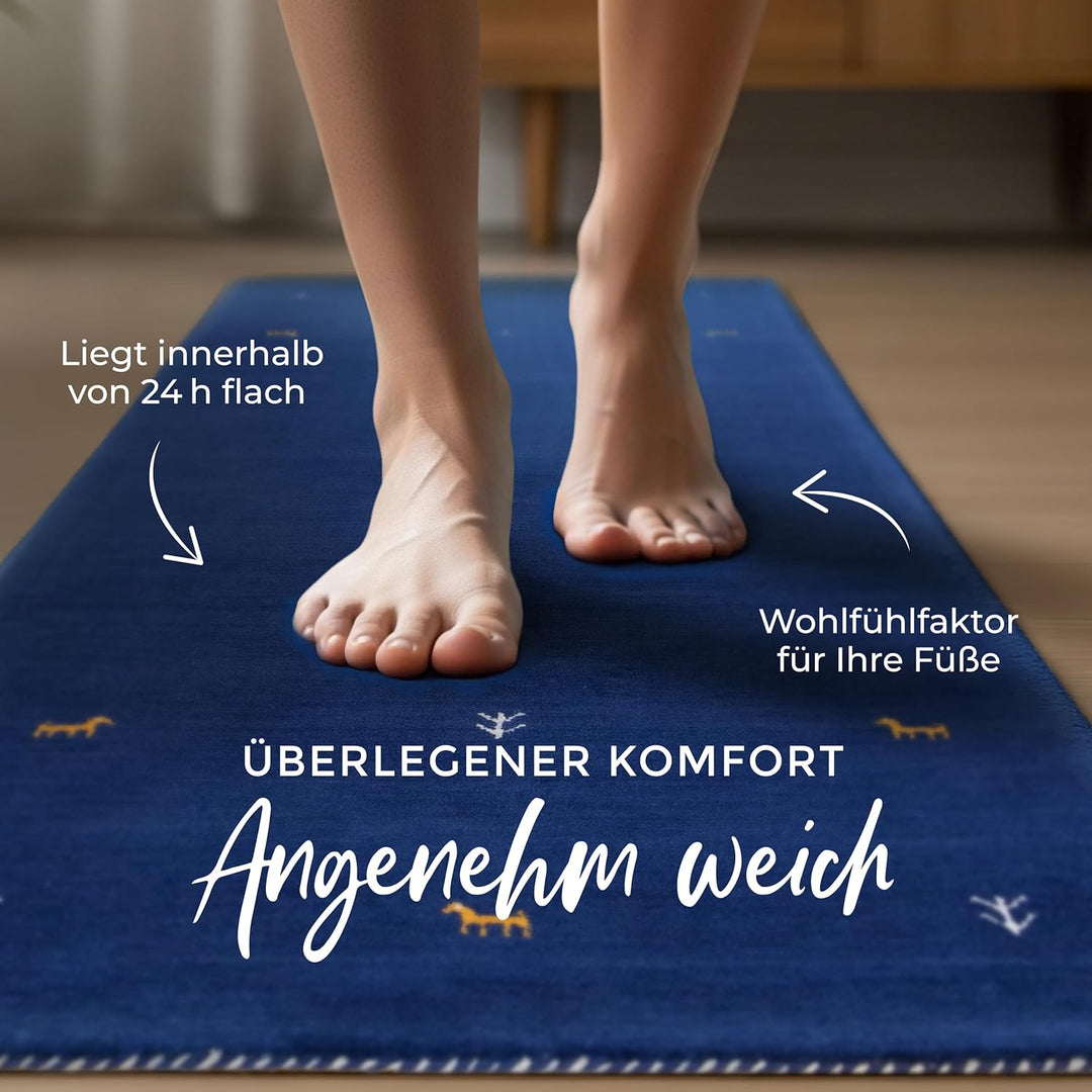 carpetfine Wollteppich Gabbeh Uni Läufer Blau 60x180 cm | Moderner Teppich für Wohn- und Schlafzimme