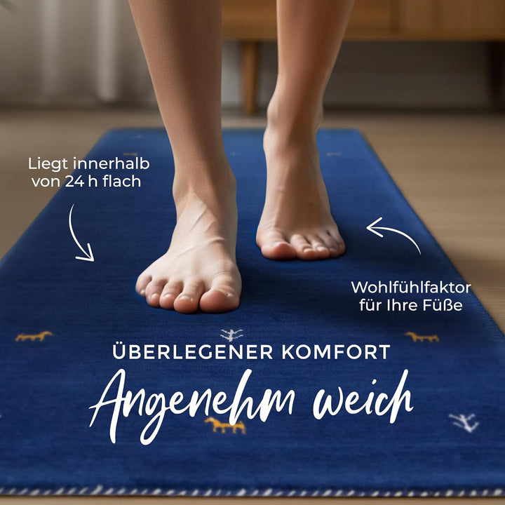 carpetfine Wollteppich Gabbeh Uni Läufer Blau 60x180 cm | Moderner Teppich für Wohn- und Schlafzimme