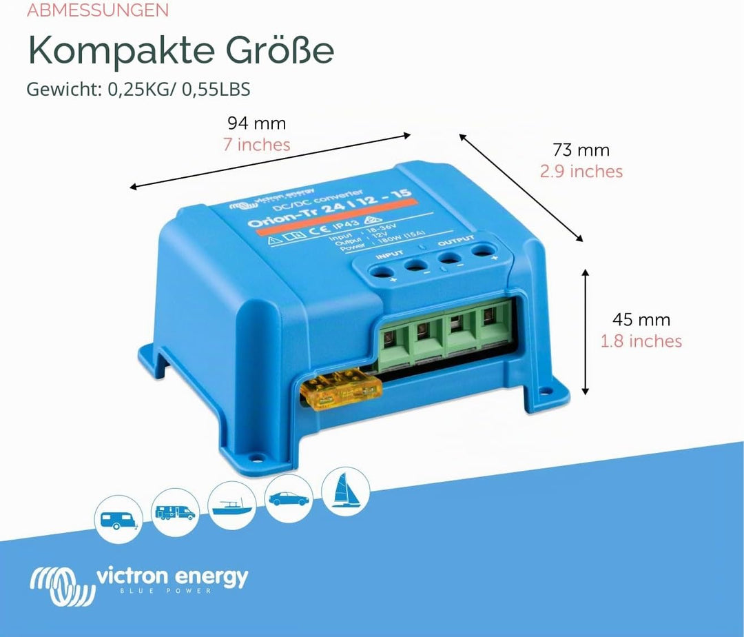 Victron Energy Orion-Tr IP43 24/12-Volt 15 Amp 180-Watt DC/DC Konverter, Nicht isoliert 24/12-Volt,