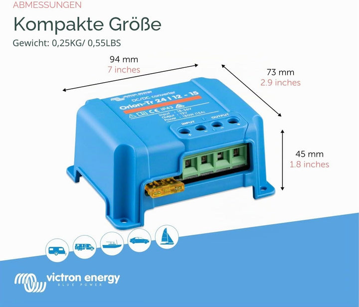 Victron Energy Orion-Tr IP43 24/12-Volt 15 Amp 180-Watt DC/DC Konverter, Nicht isoliert 24/12-Volt,