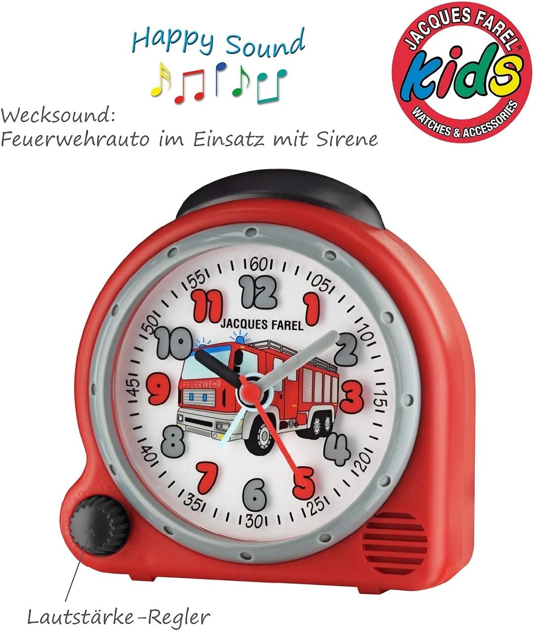 JACQUES FAREL HappySound Kinderwecker mit Melodie Soundwecker Rot mit Feuerwehr Sound Tatütata, Laut