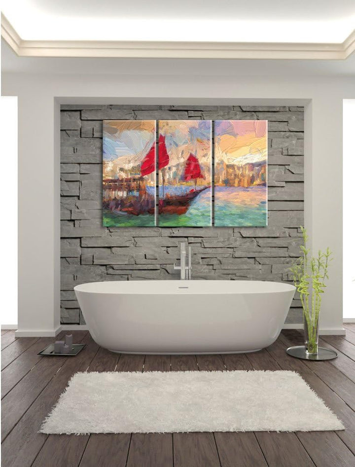 Pixxprint Segelschiff mit Segeln 3Teiler 120x80 cm Leinwandbild Wandbild Kunstdruck