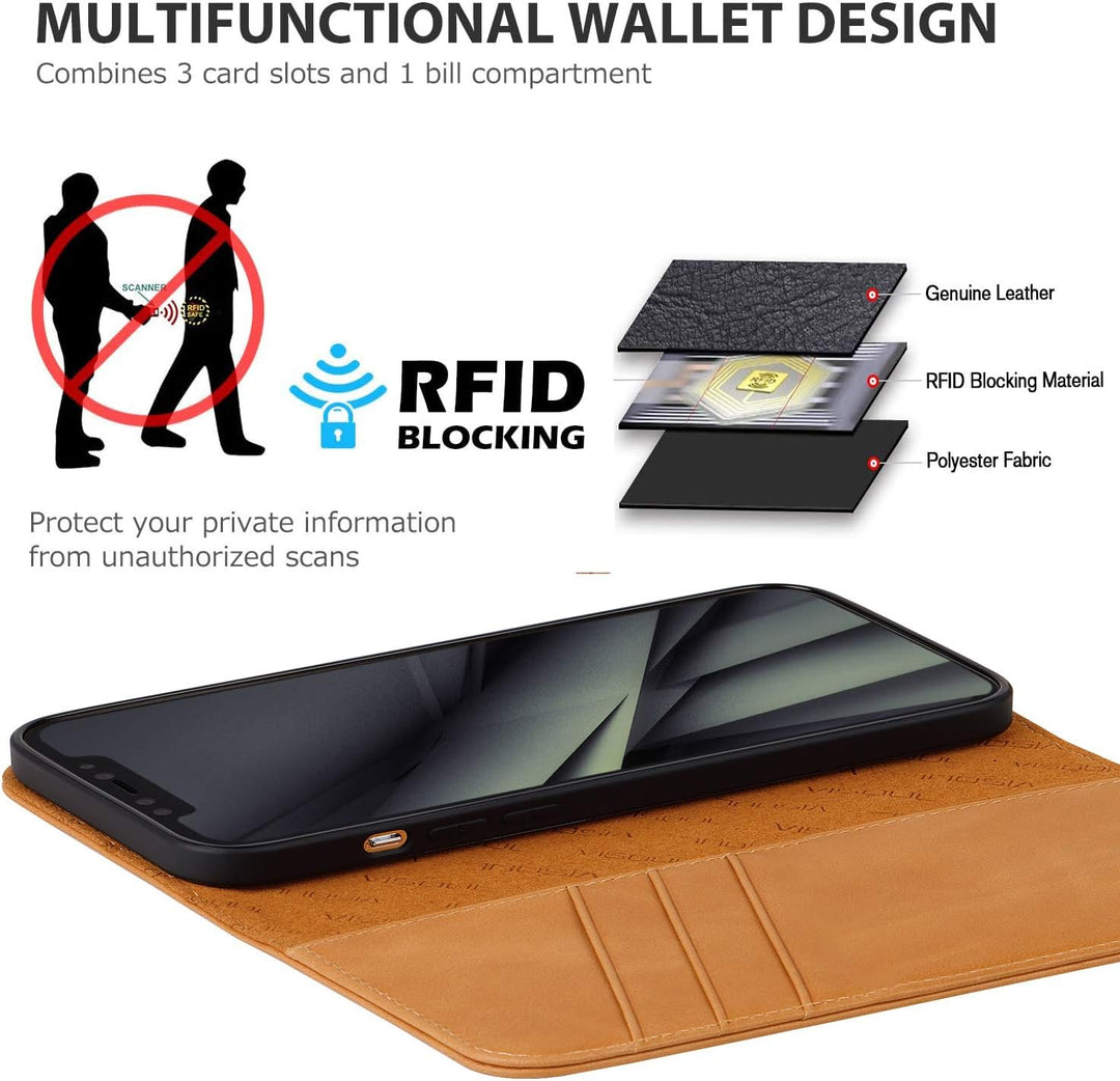 VISOUL Hülle für iPhone 13 Pro Handyhülle Schutzhülle TPU [Erstklassiges Echtleder] [Kartenfach] [Ma