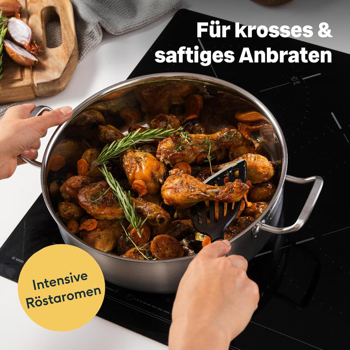 SILBERTHAL Schmorpfanne Unbeschichtet 28 cm hoher Rand - Servierpfanne mit Deckel - Backofengeeignet