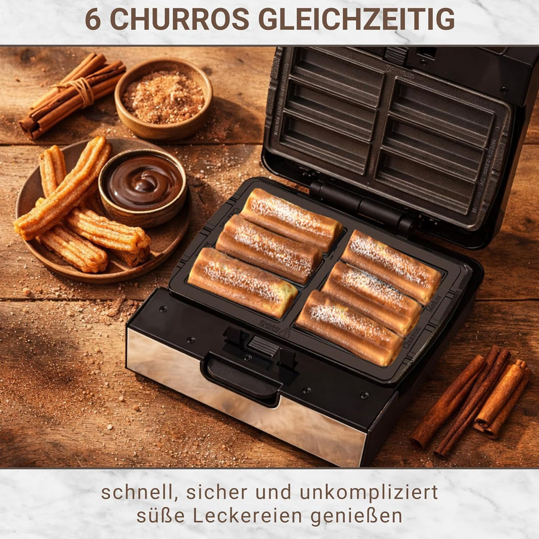 Syntrox Churros Maker mit Wechselplatten, Edelstahl, schnelles Aufheizen, Antihaftbeschichtet, versc